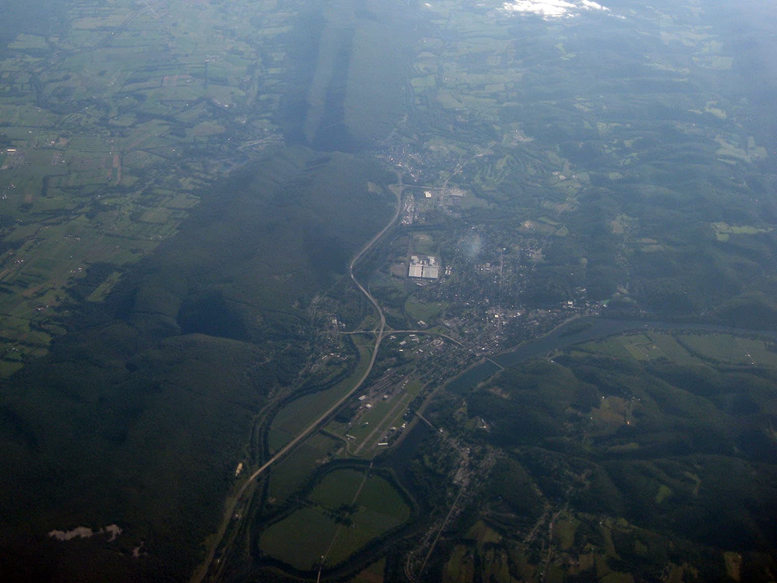 Aerial view of Lock Haven, Pennsylvania and the West Branch Susquehanna River, with Dunnstown among the communities visible on the north bank across from the city