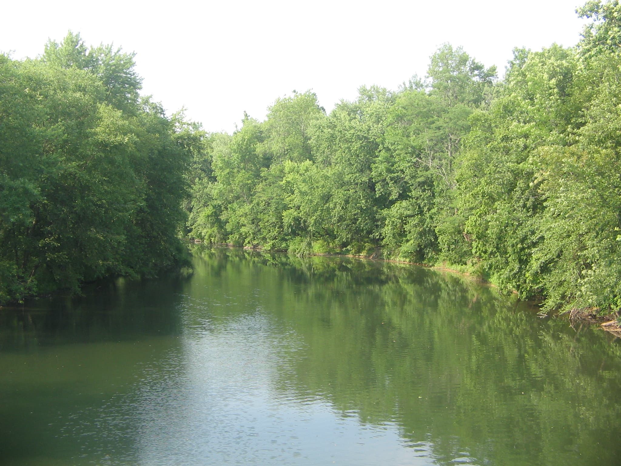 Bald Eagle Creek flowing between wooded banks in Clinton County, Pennsylvania, photographed from the PA Route 150 bridge