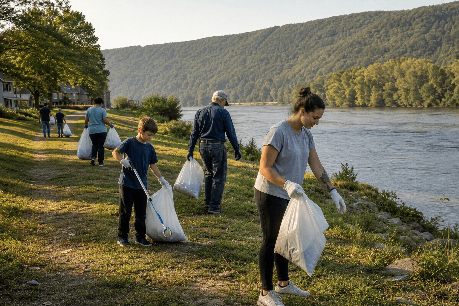Volunteers picking up litter along the Susquehanna riverfront levee in Lock Haven, Pennsylvania on a sunny morning