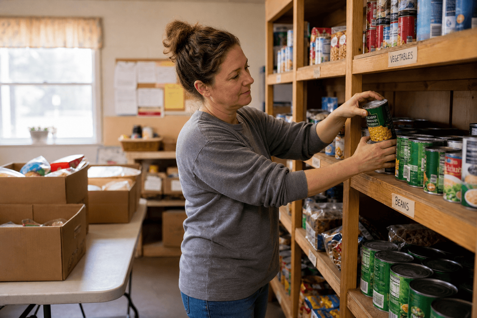 Volunteer stocking canned goods onto wooden shelves at a small-town food pantry