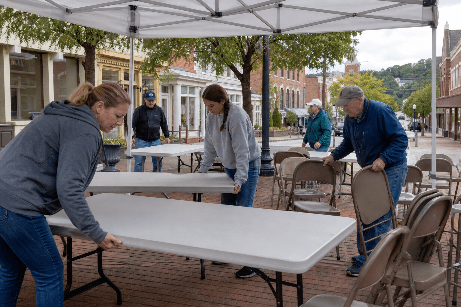 Volunteers setting up folding tables under a tent for a community event in a small Pennsylvania downtown