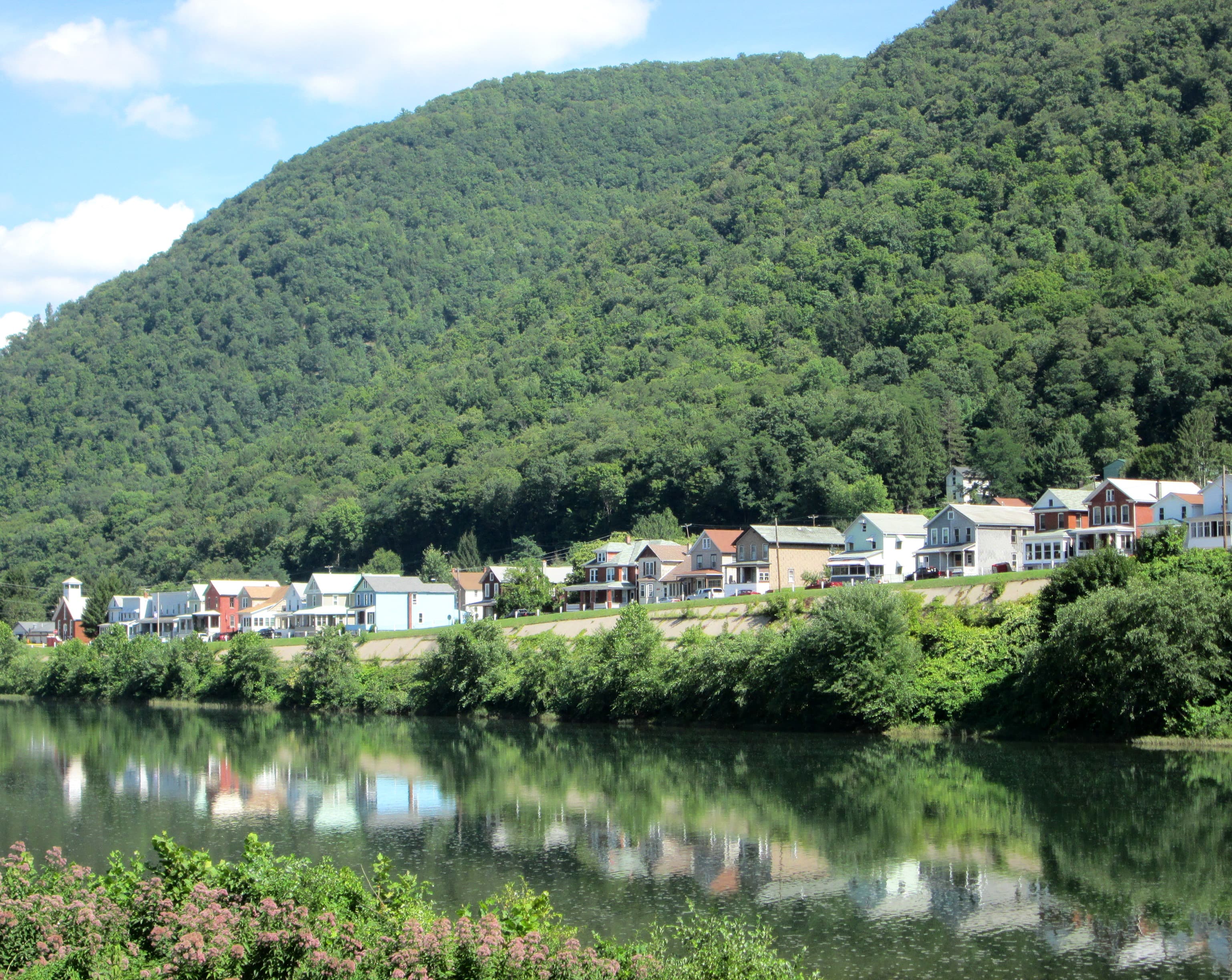 Houses lining the bank of the West Branch Susquehanna River at South Renovo, Pennsylvania, seen from an elevated vantage point