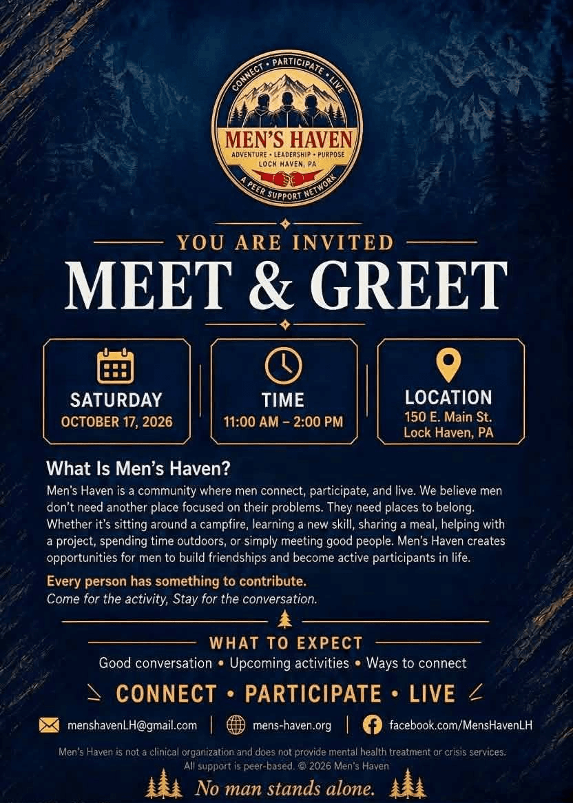 Men's Haven Meet & Greet flyer: Saturday, October 17, 2026, 11:00 AM to 2:00 PM at 150 E. Main St., Lock Haven, PA. What to expect: good conversation, upcoming activities and ways to connect.