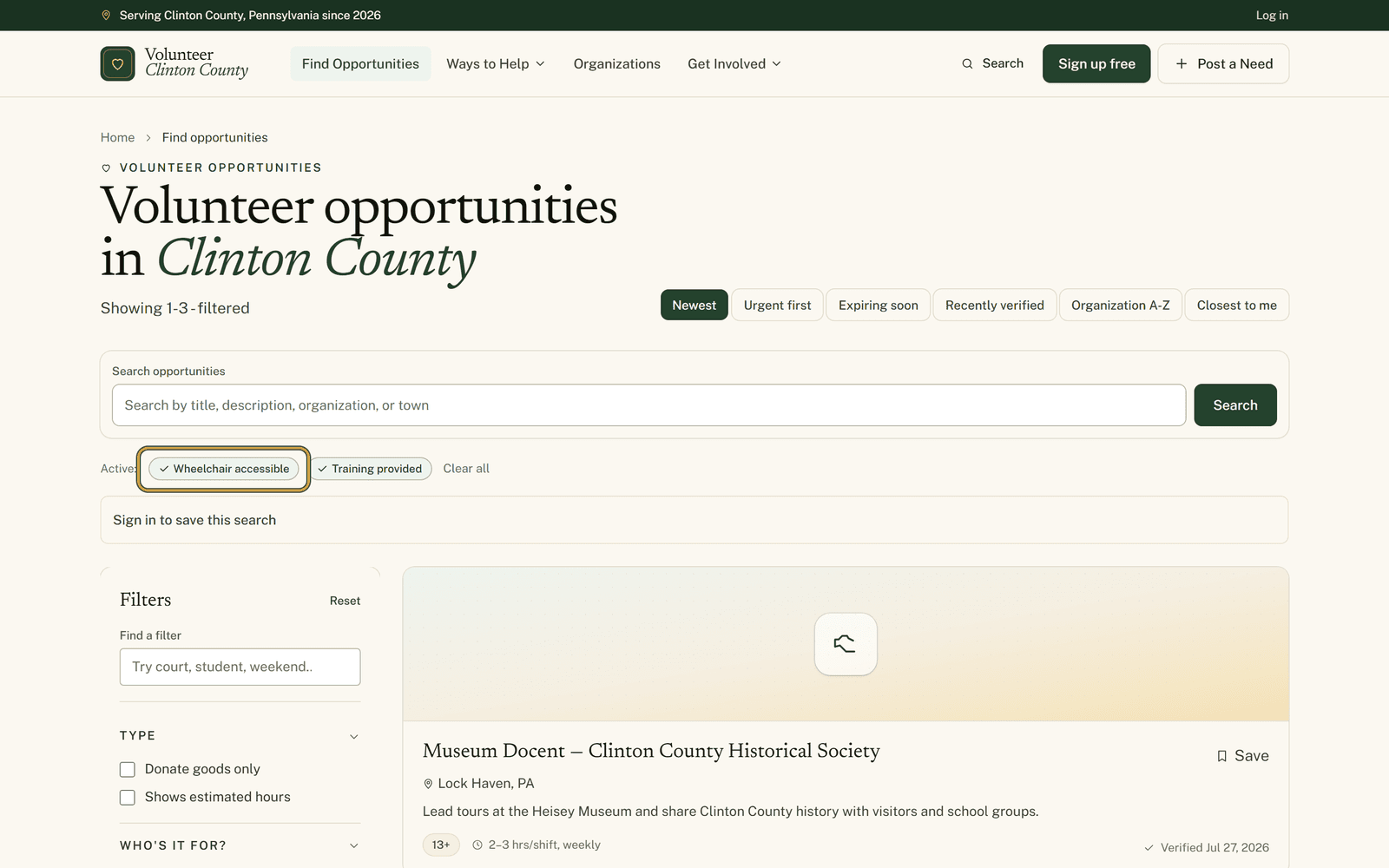 The opportunities page with green Active badges reading Wheelchair accessible and Training provided above a list cut down to three listings.