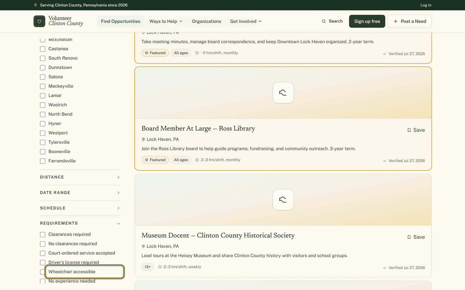 The expanded Requirements filter section listing clearance, court-ordered, licence and labor options, with the Wheelchair accessible checkbox ringed.