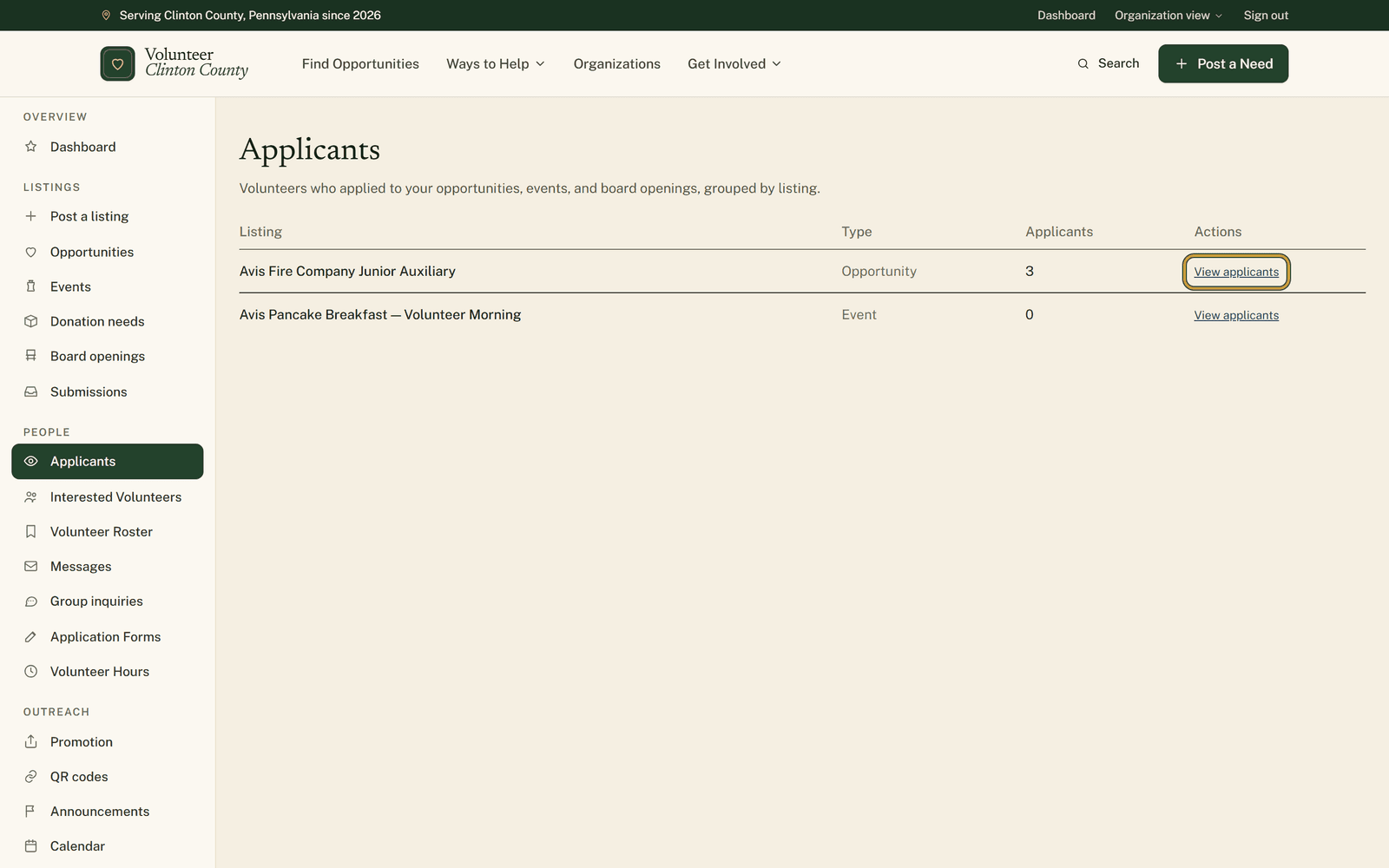 The Applicants overview listing each posting with its type and a count of contactable sign-ups, with the View applicants link ringed on the top row.