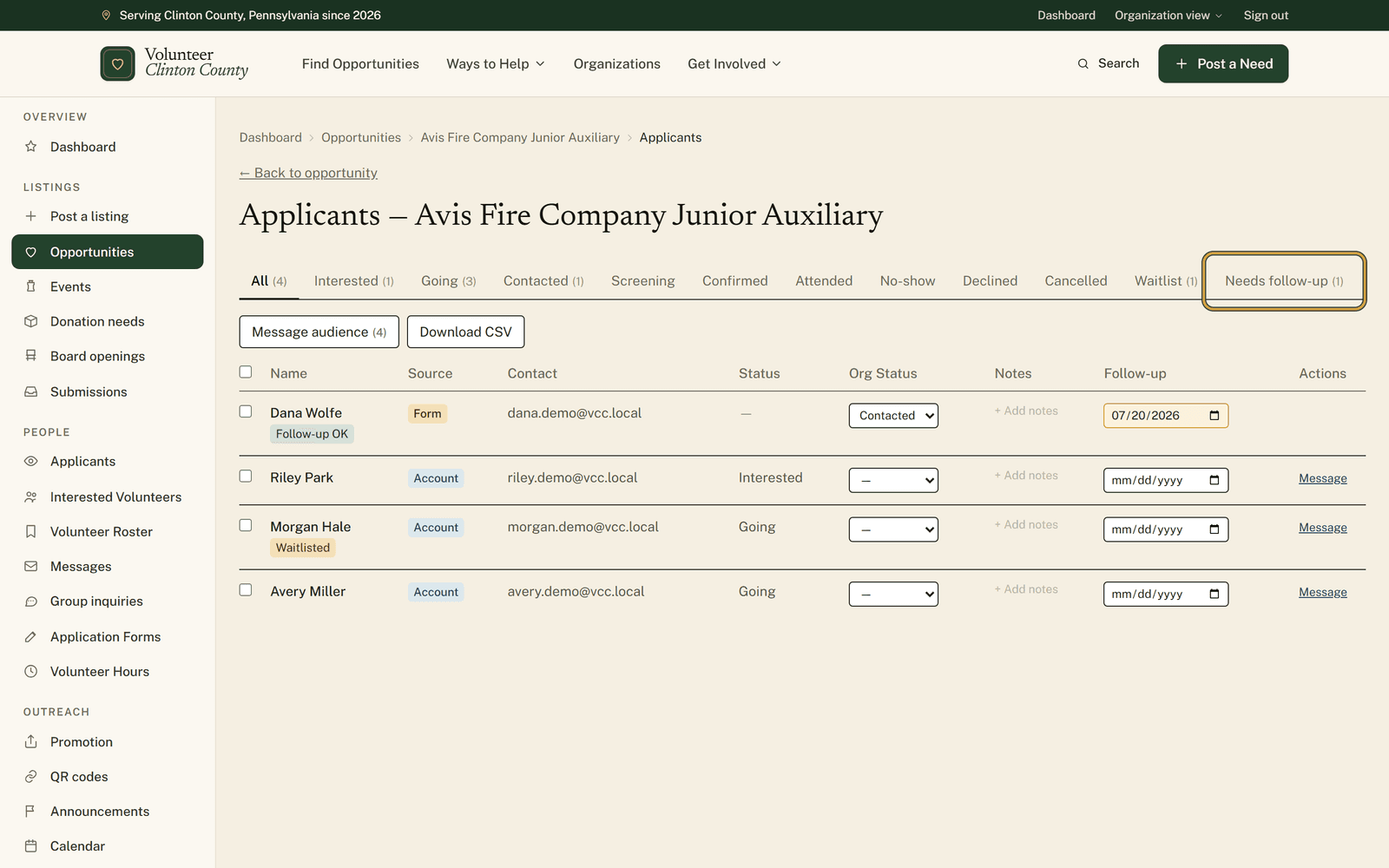 An applicants table with filter tabs above it, the Needs follow-up tab outlined, and rows showing source badges, org status pickers and note links.