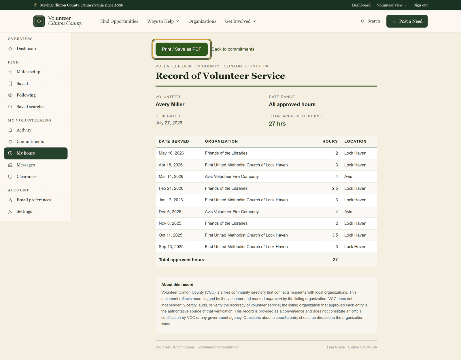 A printable Record of Volunteer Service listing approved entries by date and organization, with the green Print / Save as PDF button at the top left.