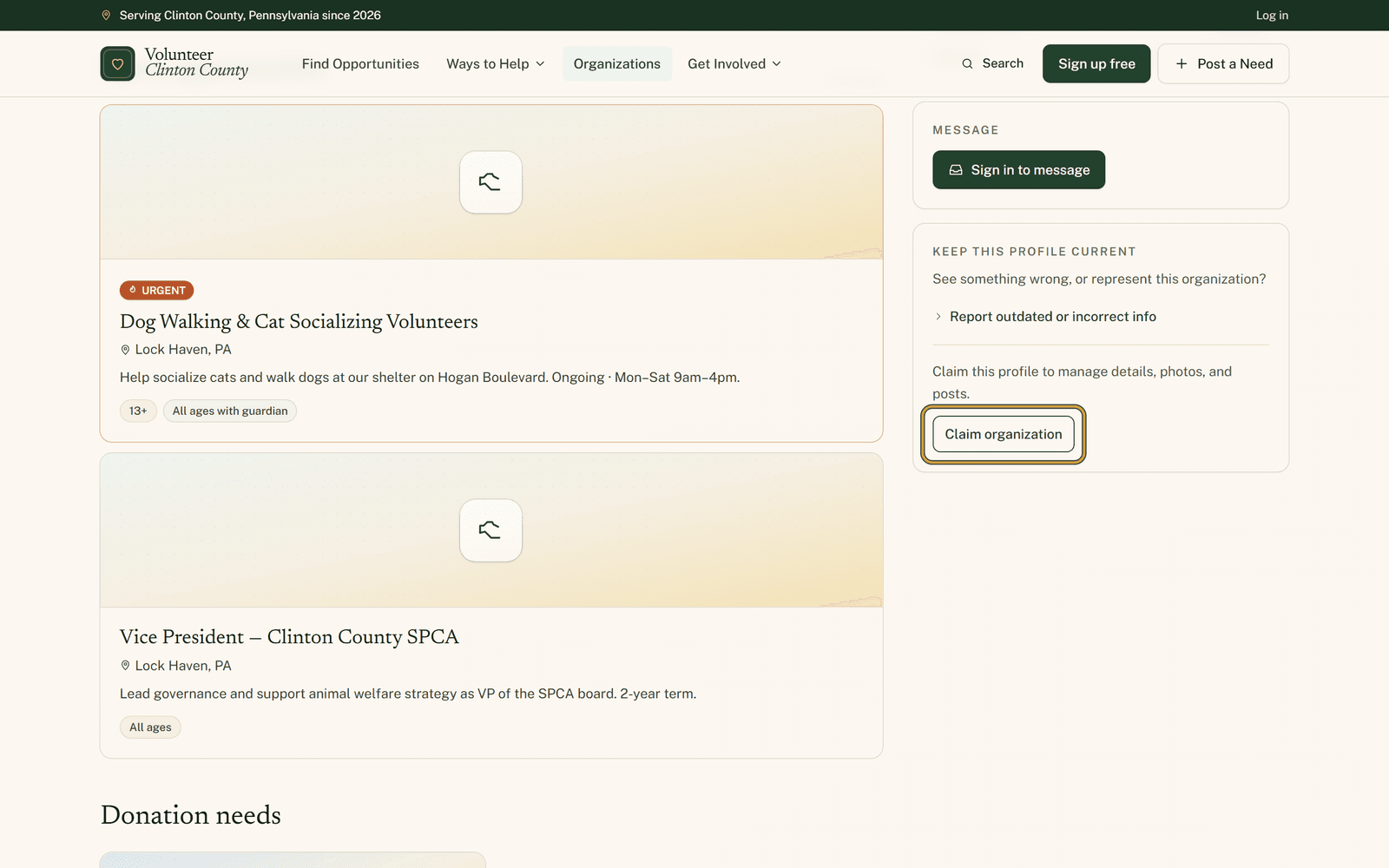 The right-hand column of an organization page with the Claim organization button outlined below a line about managing details, photos and posts.