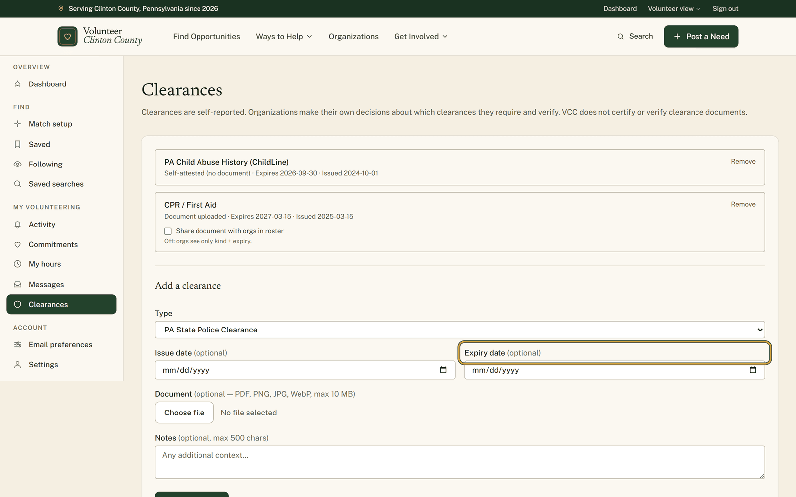 The Add a clearance form with Type set to PA Child Abuse History and the Expiry date field ringed beside Issue date, above the document and notes fields.