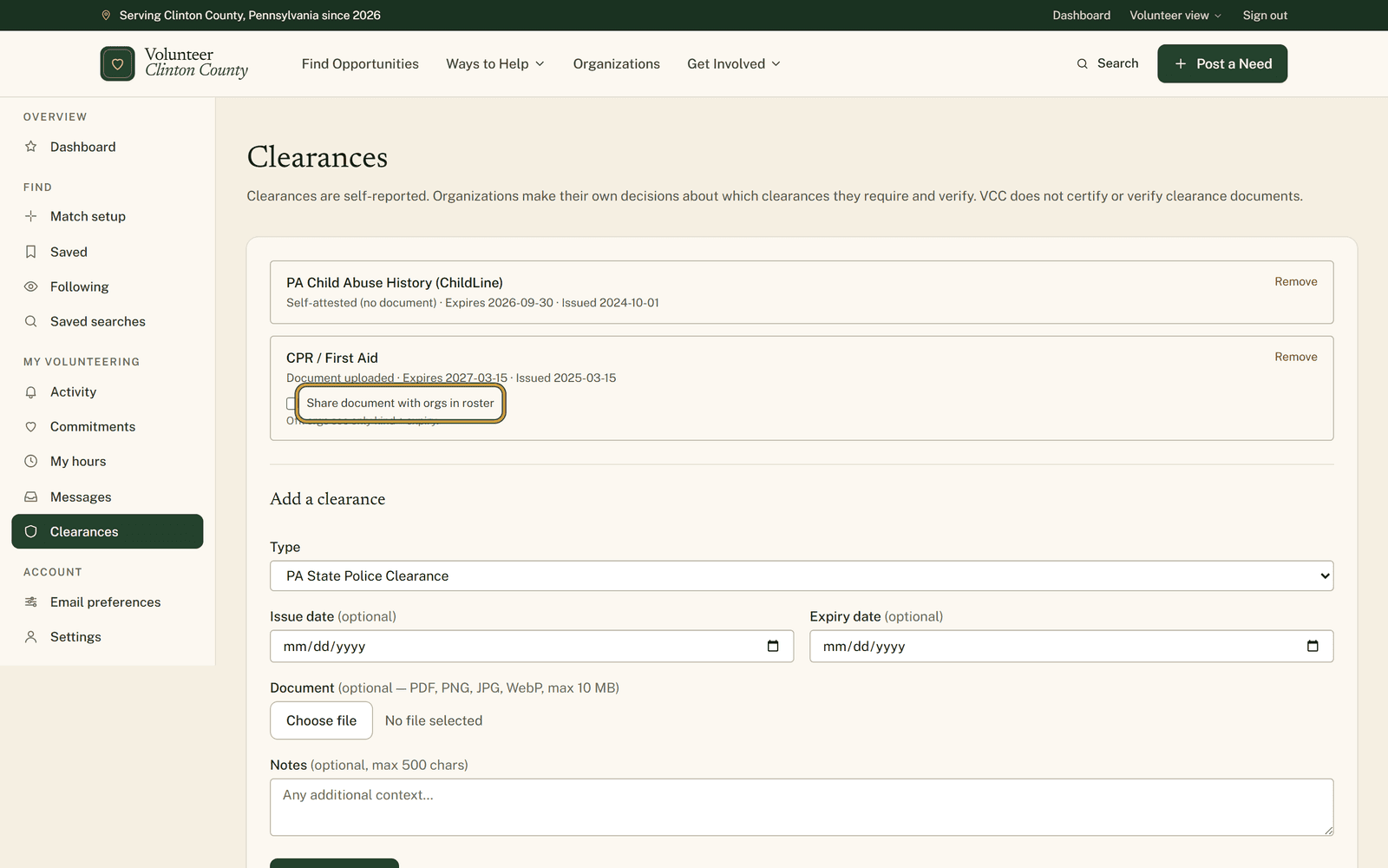 Two clearance rows, one self-attested with an expiry date and one showing Document uploaded, with the unticked share-document checkbox highlighted beneath it.