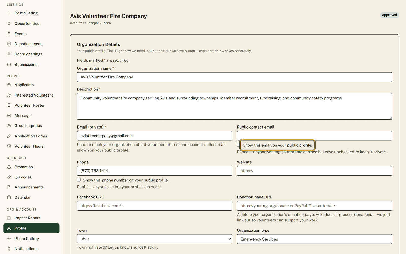 The contact section of the organization profile with the private email above the public contact email, its show-on-profile checkbox ringed.