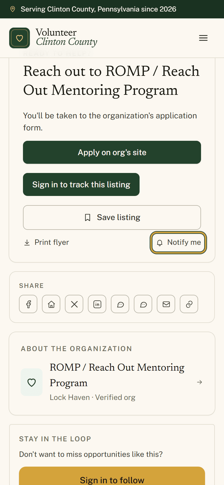 A phone-width listing page scrolled to the Ready to help card, with Print flyer on the left and the ringed Notify me link on the right.