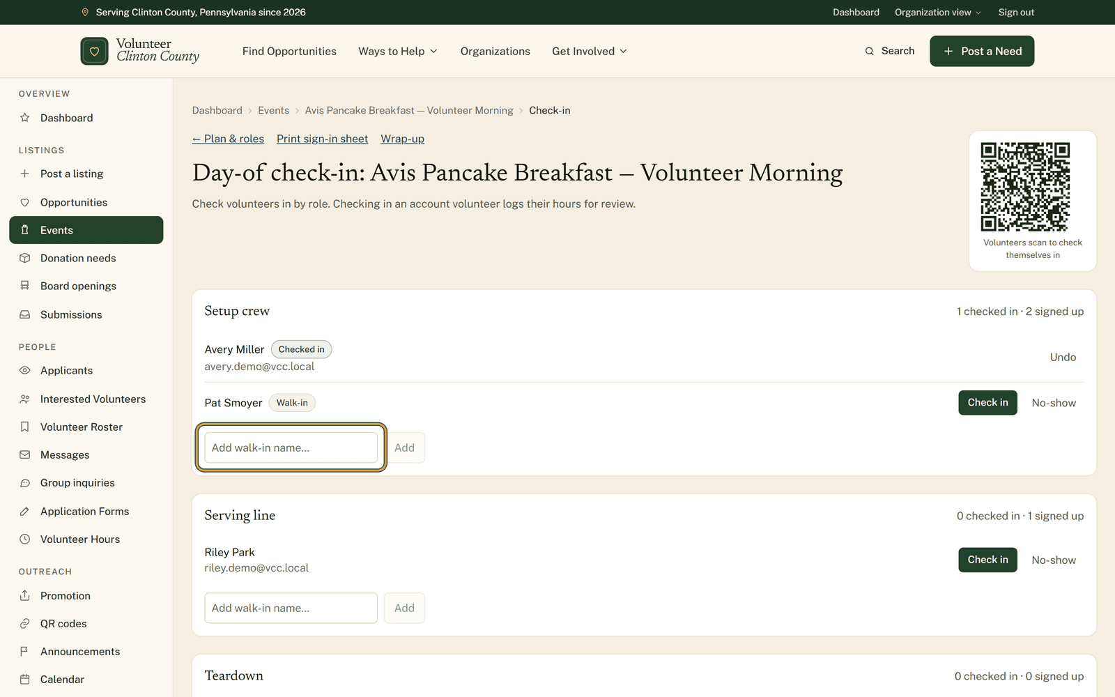The day-of check-in page listing volunteers under one role with Check in and No-show buttons, and the walk-in name box outlined below them.