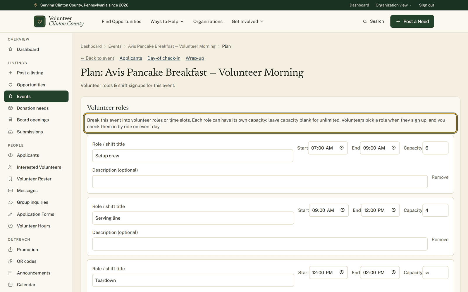 The event plan page with three volunteer roles listed by title, start and end time, and the Capacity box ringed on the setup crew row.
