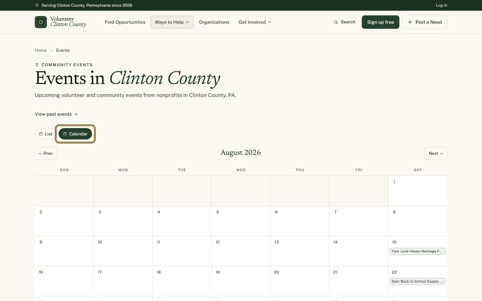 The events page in calendar view for August 2026, weekday columns across the top, event chips inside day cells, and the Calendar toggle ringed above.