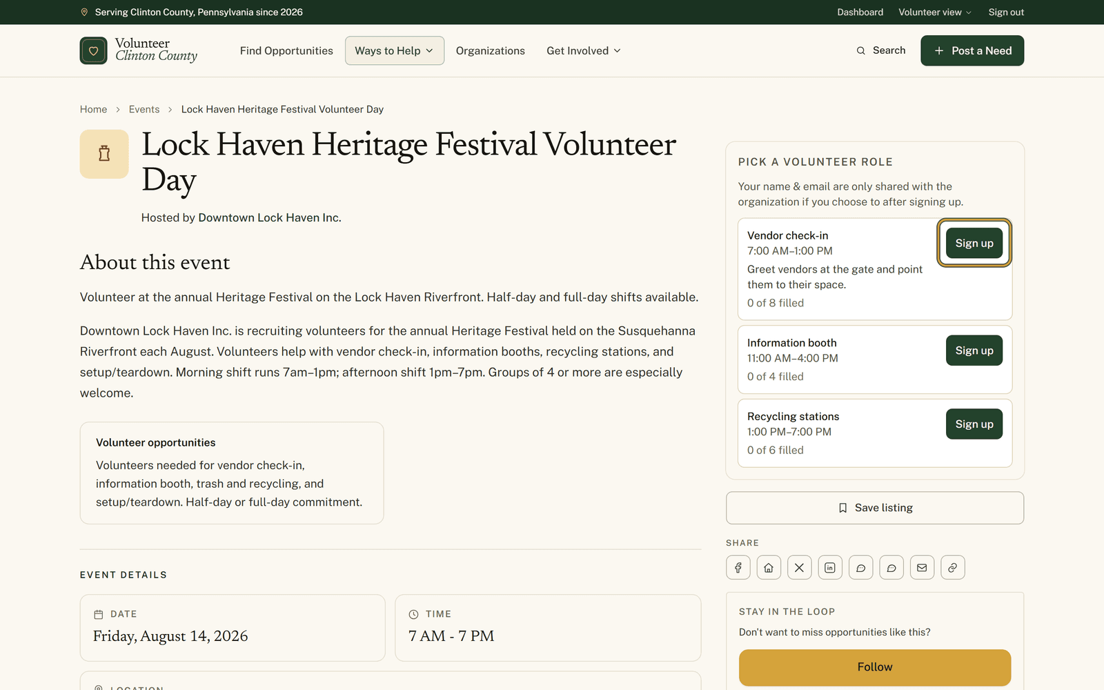 The Pick a volunteer role box on an event page, listing three named roles with times and how full each is, with the first Sign up button ringed.