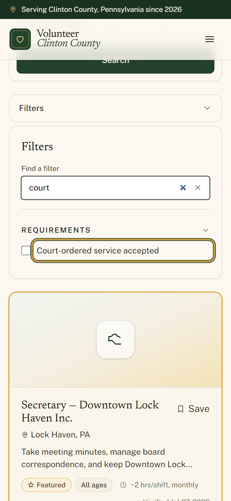 A phone screen with the Filters panel open, court typed into the Find a filter box, and Court-ordered service accepted highlighted below it.