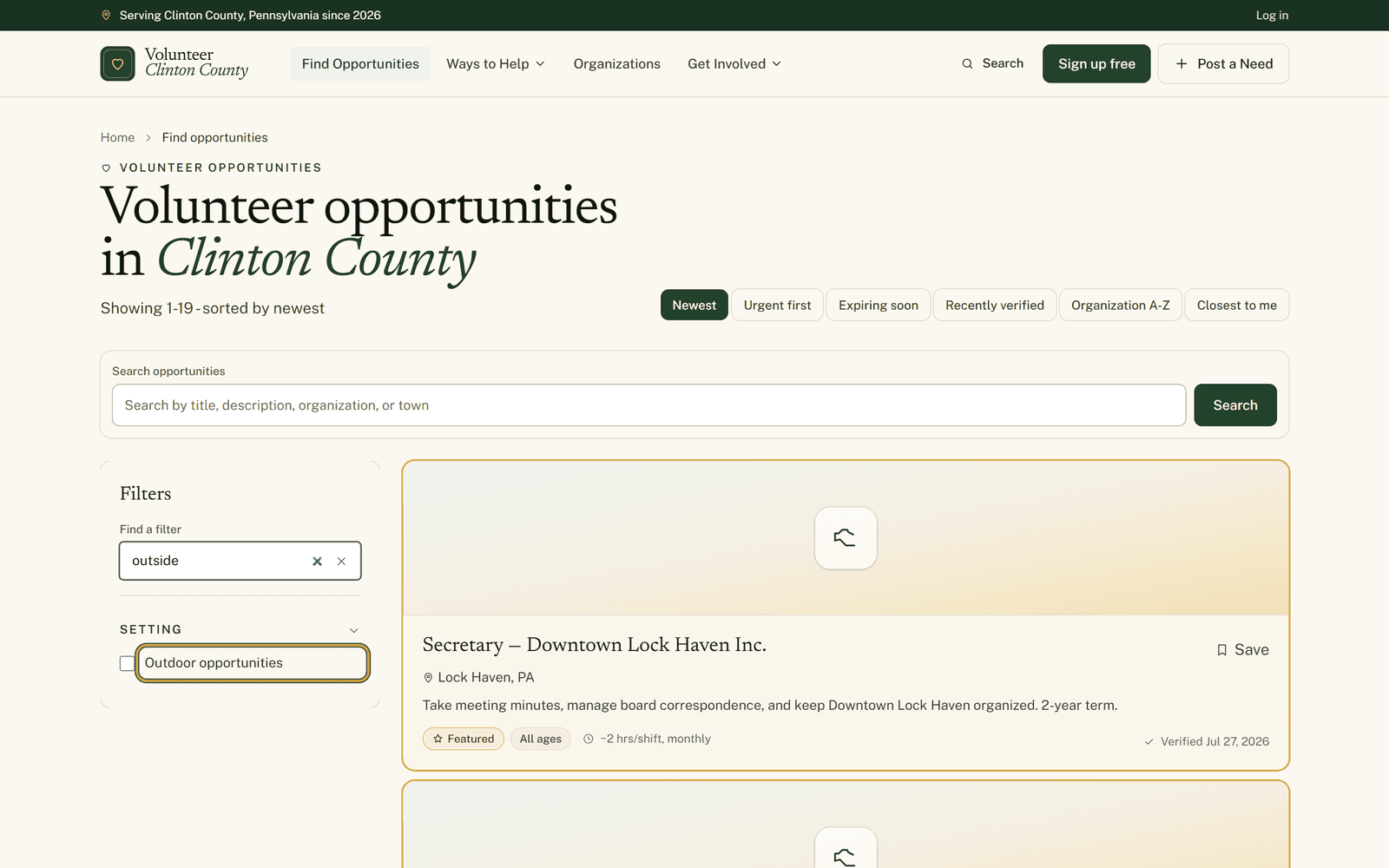 The filter panel with outside typed in the search box and every section gone except Setting, where Outdoor opportunities is highlighted.