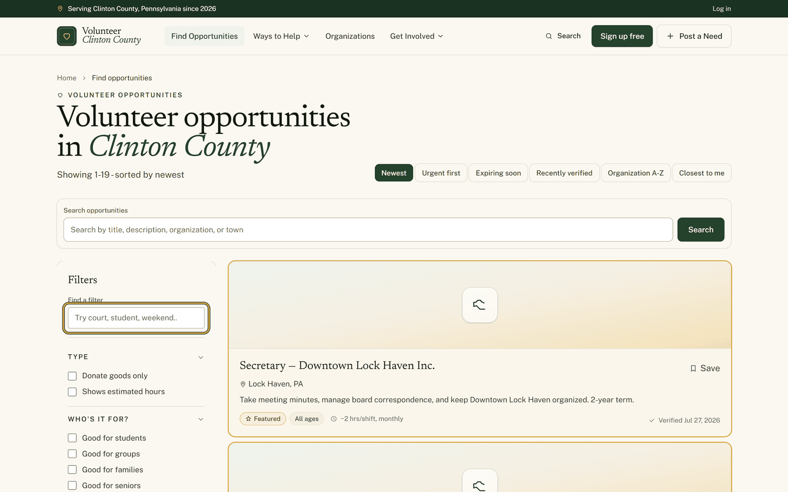 The opportunities filter panel with the empty Find a filter box highlighted at the top, above the list of filter sections and the listings beside it.
