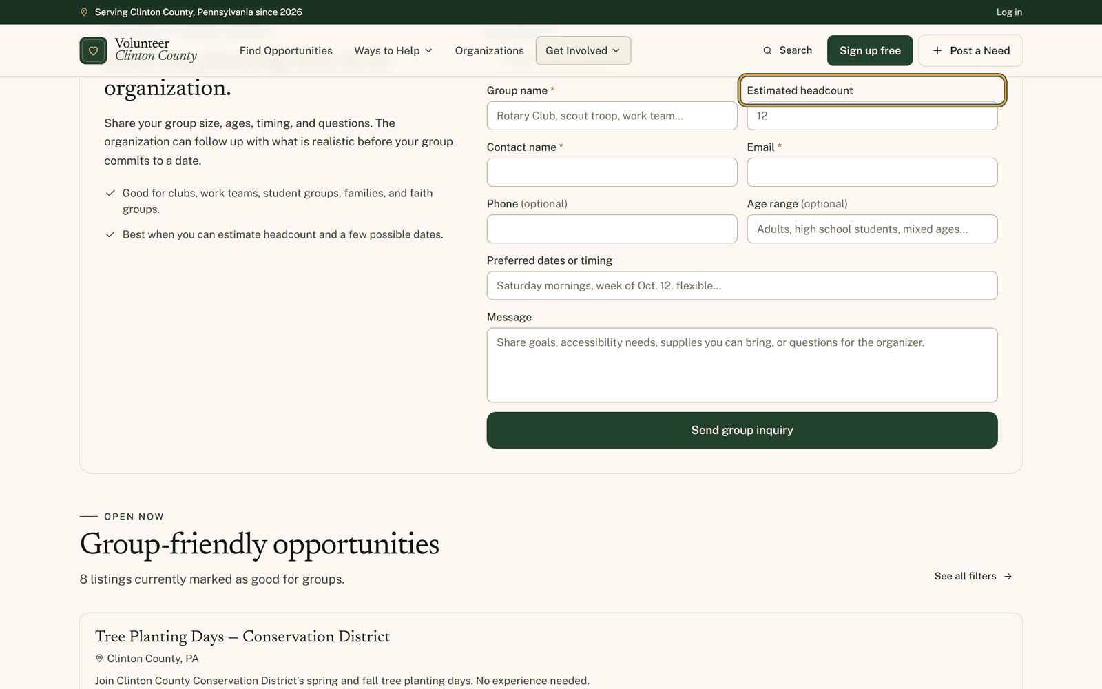 The public group inquiry form with organization, group name and estimated headcount fields, the headcount box outlined above the send button.
