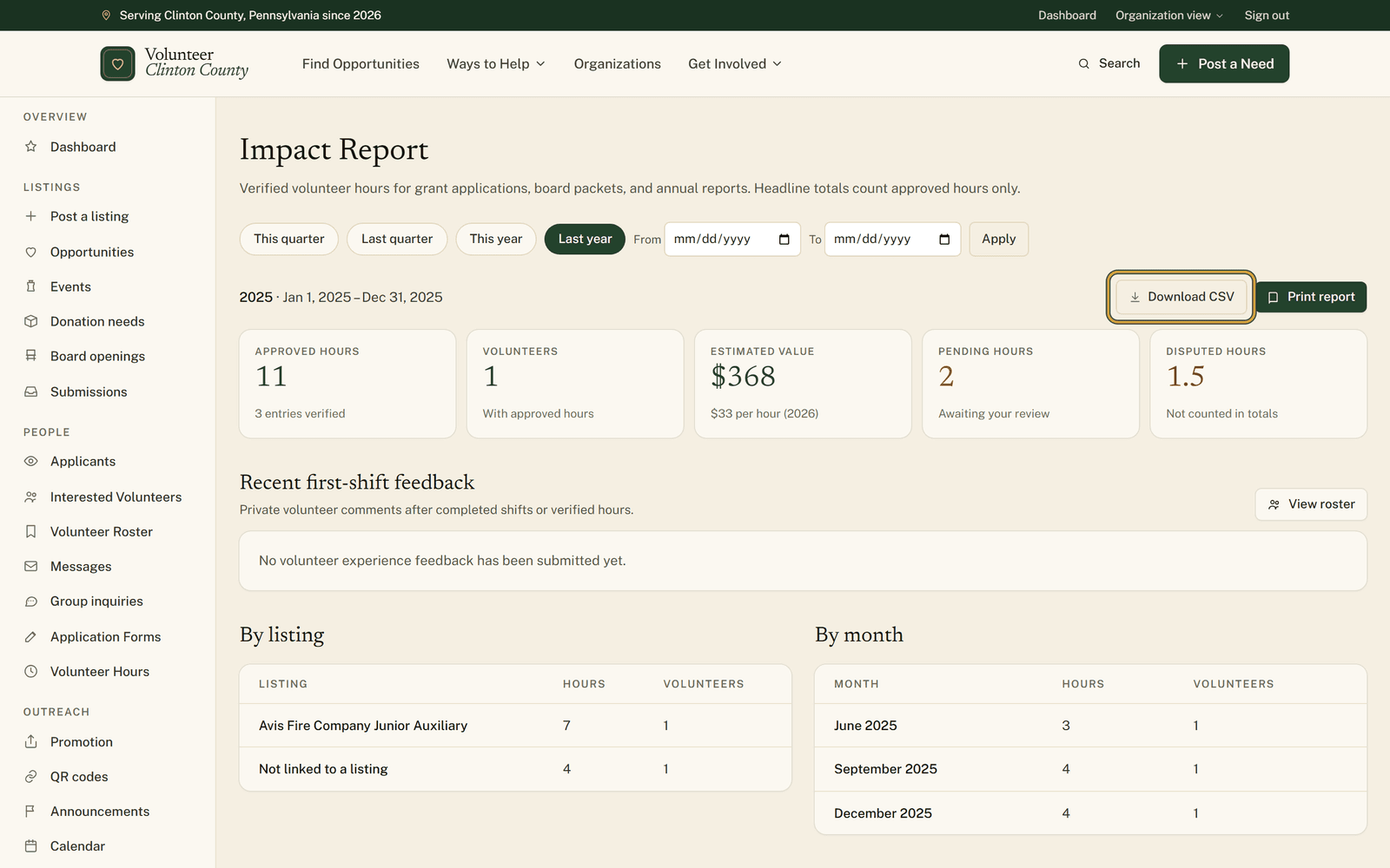 The date range row of the Impact Report with the Download CSV button highlighted next to the green Print report button and the chosen period.