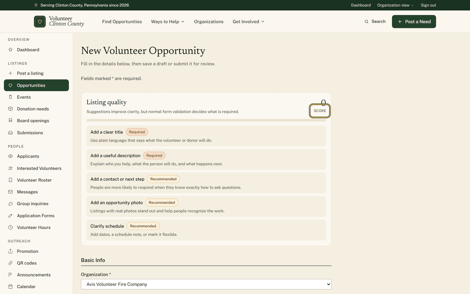 The Listing quality panel above a blank opportunity form, with the Score number and its progress bar ringed at the top right of the panel.