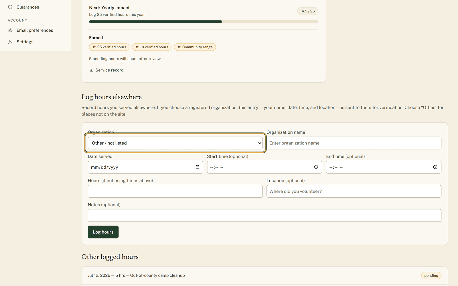 The My Commitments page with the Log hours elsewhere form open, the Organization dropdown set to Other / not listed, and an empty Date served field.