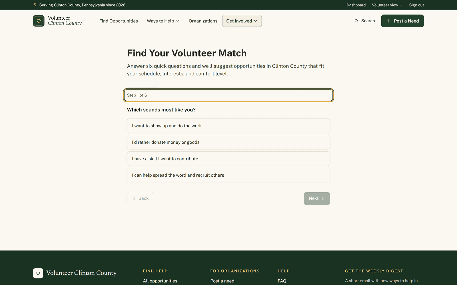 The opening quiz question, Which sounds most like you, above its four answers, with the Step 1 of 6 progress line highlighted beneath the bar.