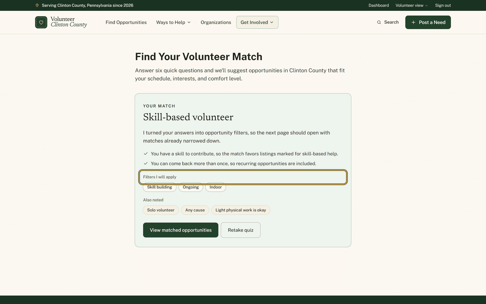 The Your match card titled Skill-based volunteer, with the highlighted Filters I will apply chips above a greyer Also noted row of unused answers.