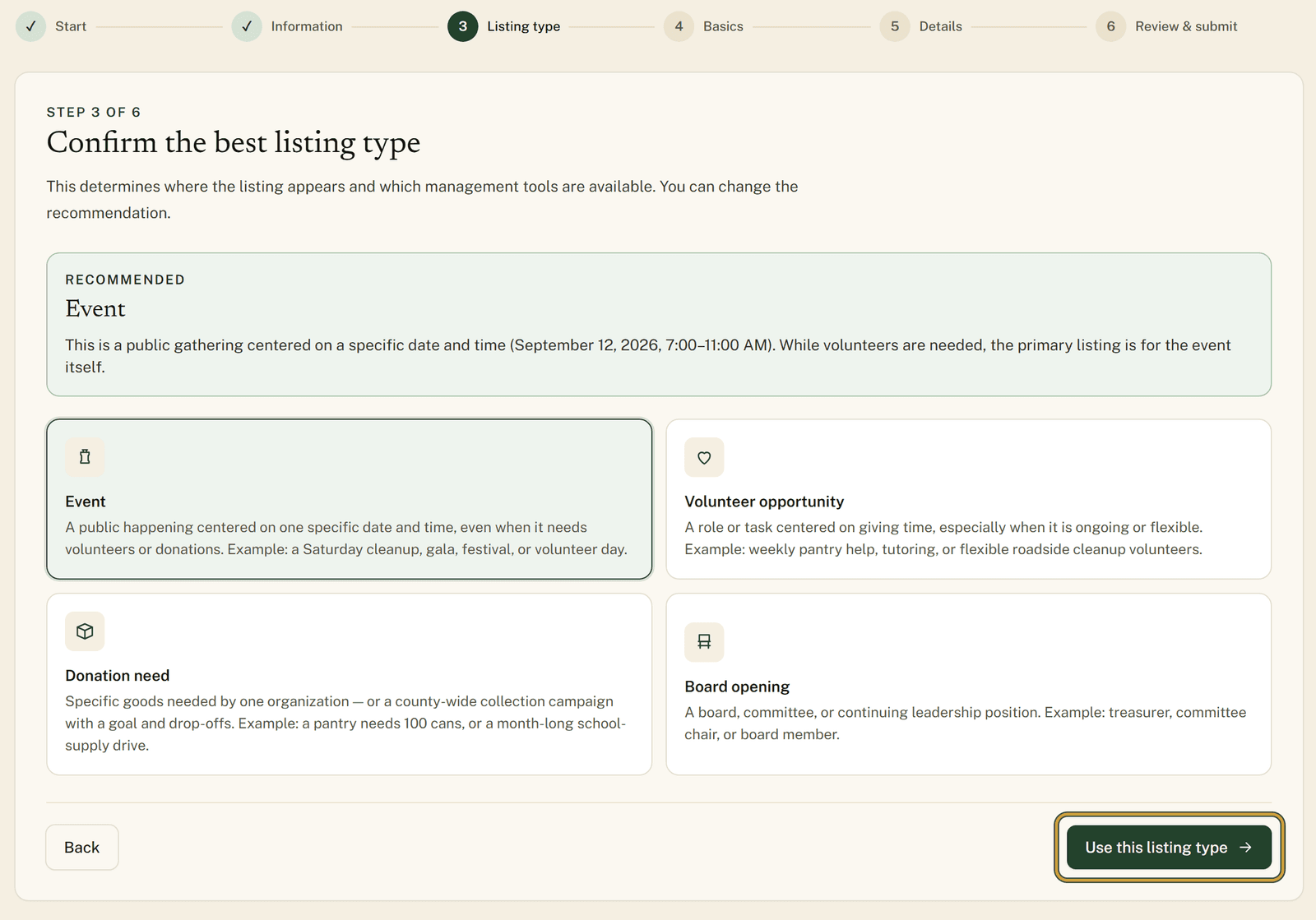 The listing-type confirmation step showing Event selected with a short reason, and the Use this listing type button highlighted.