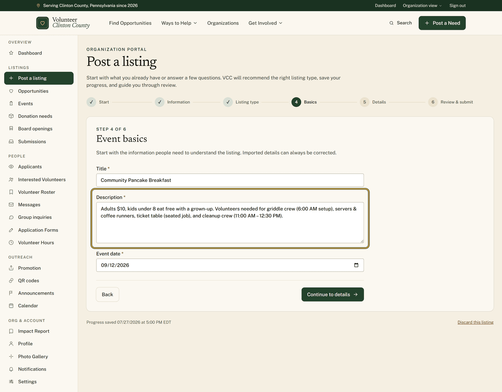 The Event basics step of the posting wizard with the title, description, and event date already filled in from the uploaded flyer.