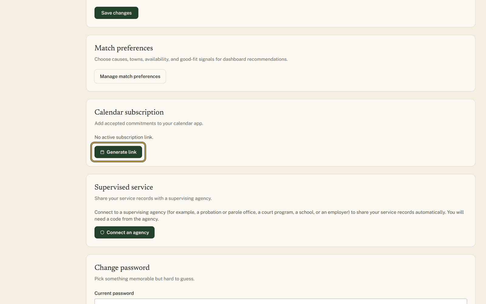 The Calendar subscription card on the volunteer settings page reading No active subscription link, with the green Generate link button ringed below it.
