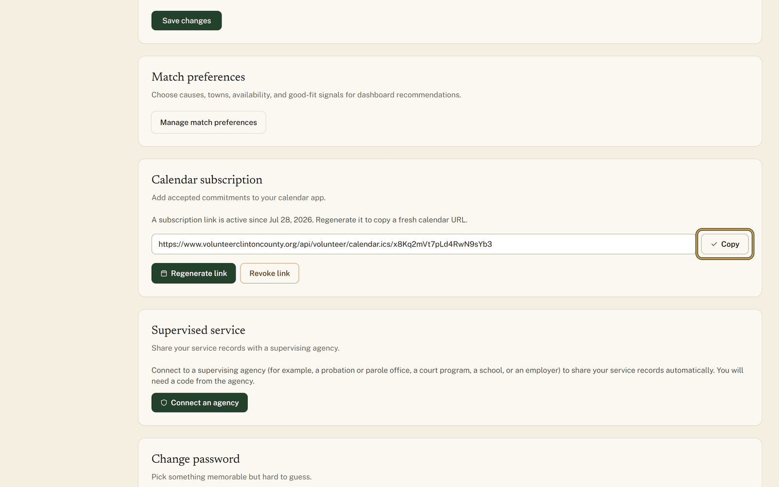 The Calendar subscription card after generating, with a read-only web address in a text box, the Copy button ringed beside it, and Revoke link below.