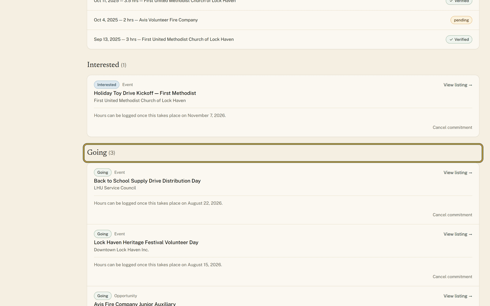 The My Commitments page with the Going heading and its count ringed, above commitment cards that each name the organization and link to the listing.