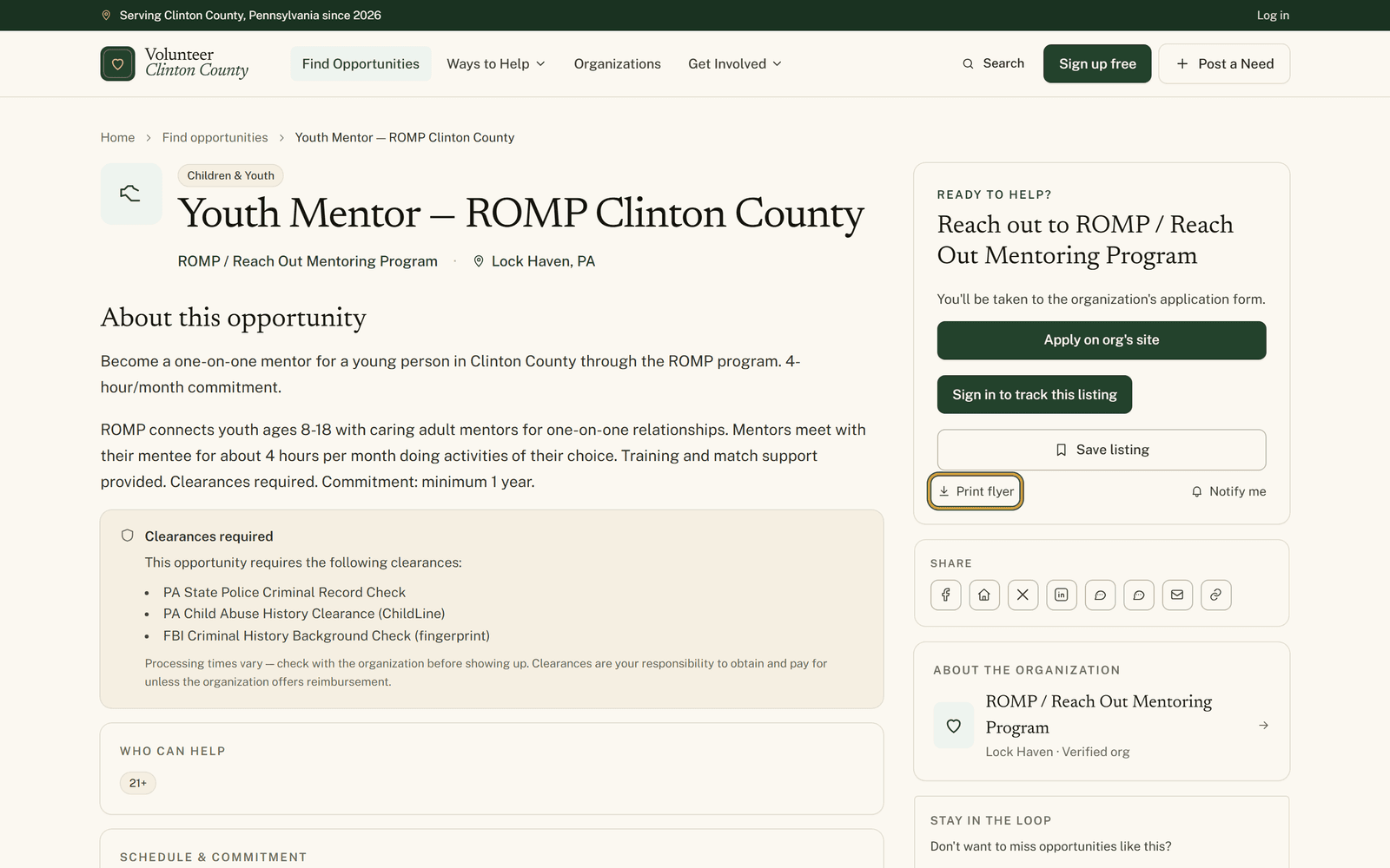 A volunteer opportunity page with the Ready to help card in the sidebar and the Print flyer link highlighted just below the Save listing button.