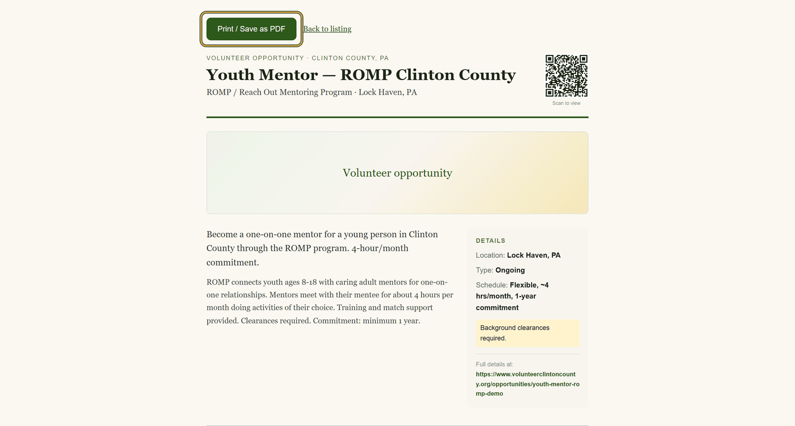 The top of the flyer page with the green Print / Save as PDF button highlighted next to a Back to listing link, above the flyer heading.