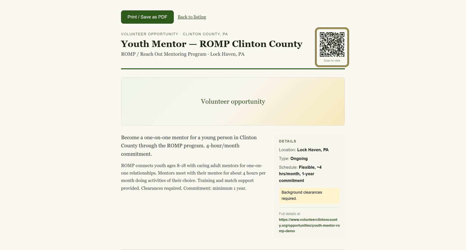 The flyer page: opportunity title and organization, an image band, a Details box down the side, and the QR code marked Scan to view ringed at top right.