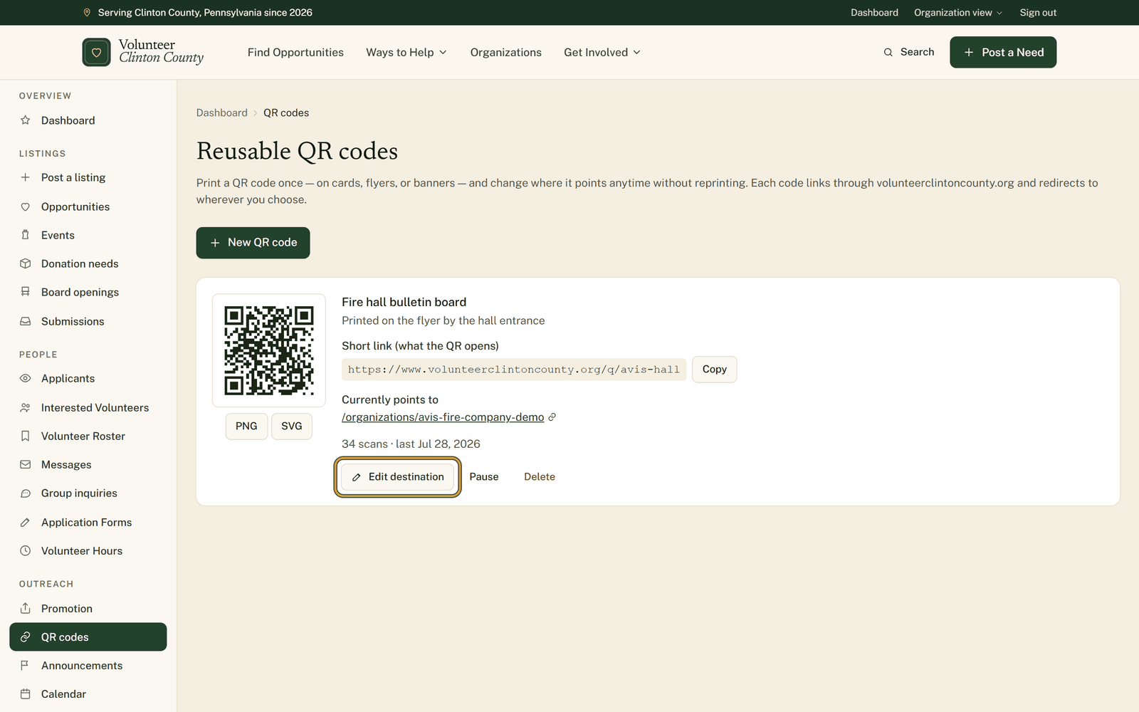 The Reusable QR codes page with one saved code, its square QR preview, PNG and SVG download buttons, and Edit destination highlighted.
