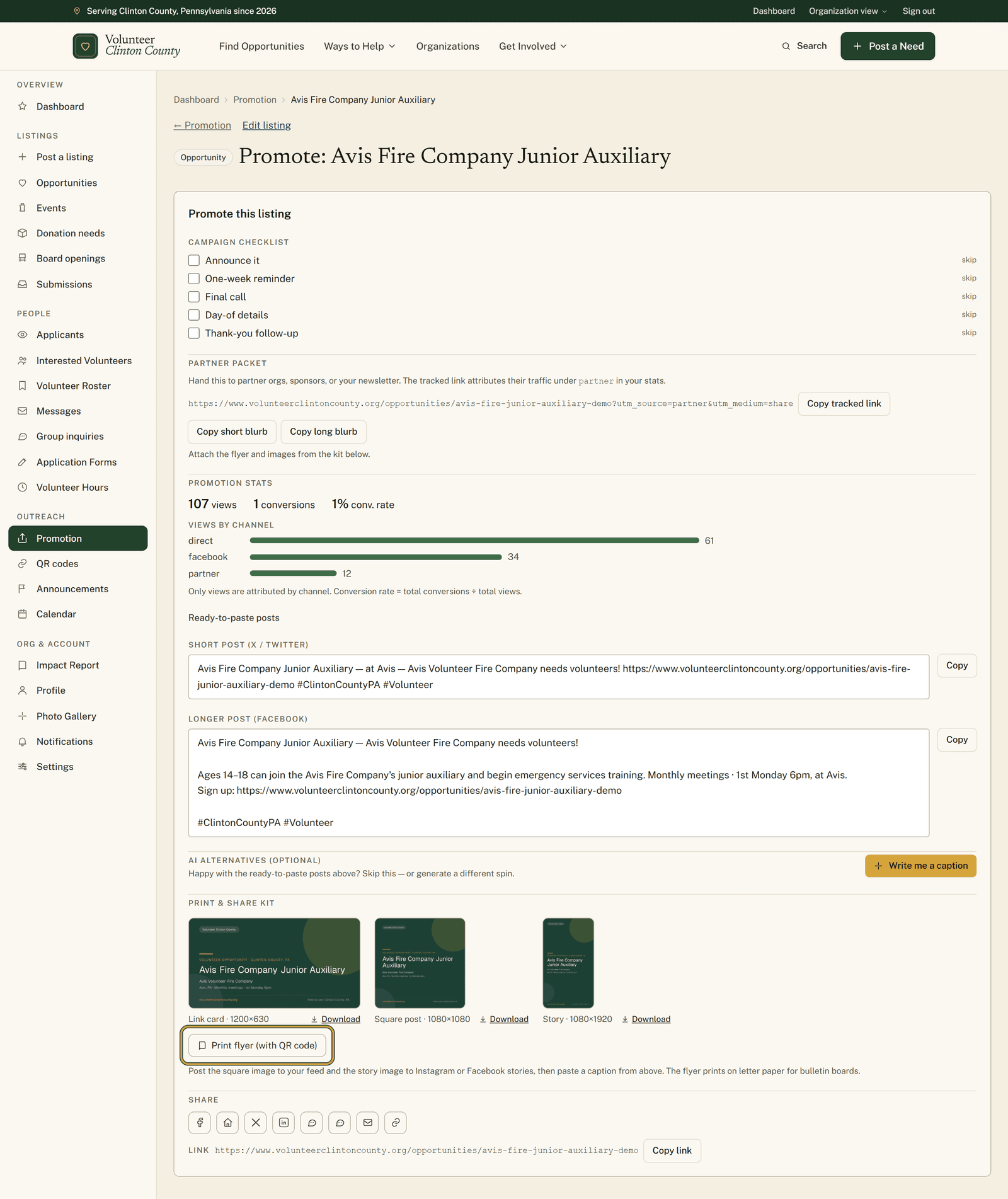 A listing's promotion page showing the Print and share kit with three share-image previews, and the Print flyer (with QR code) button highlighted.