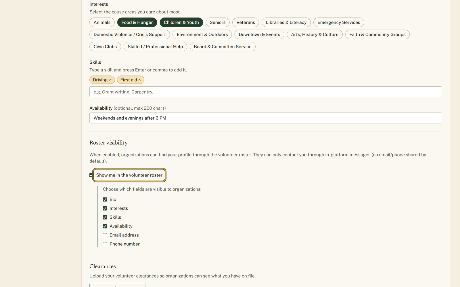 The Roster visibility section with the ringed Show me in the volunteer roster checkbox above six field boxes, Email address and Phone number unticked.