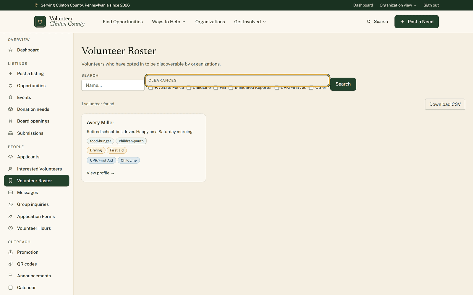 The organization-side Volunteer Roster with its highlighted clearance checkbox filters, a Download CSV link and a volunteer card showing interests and skills.