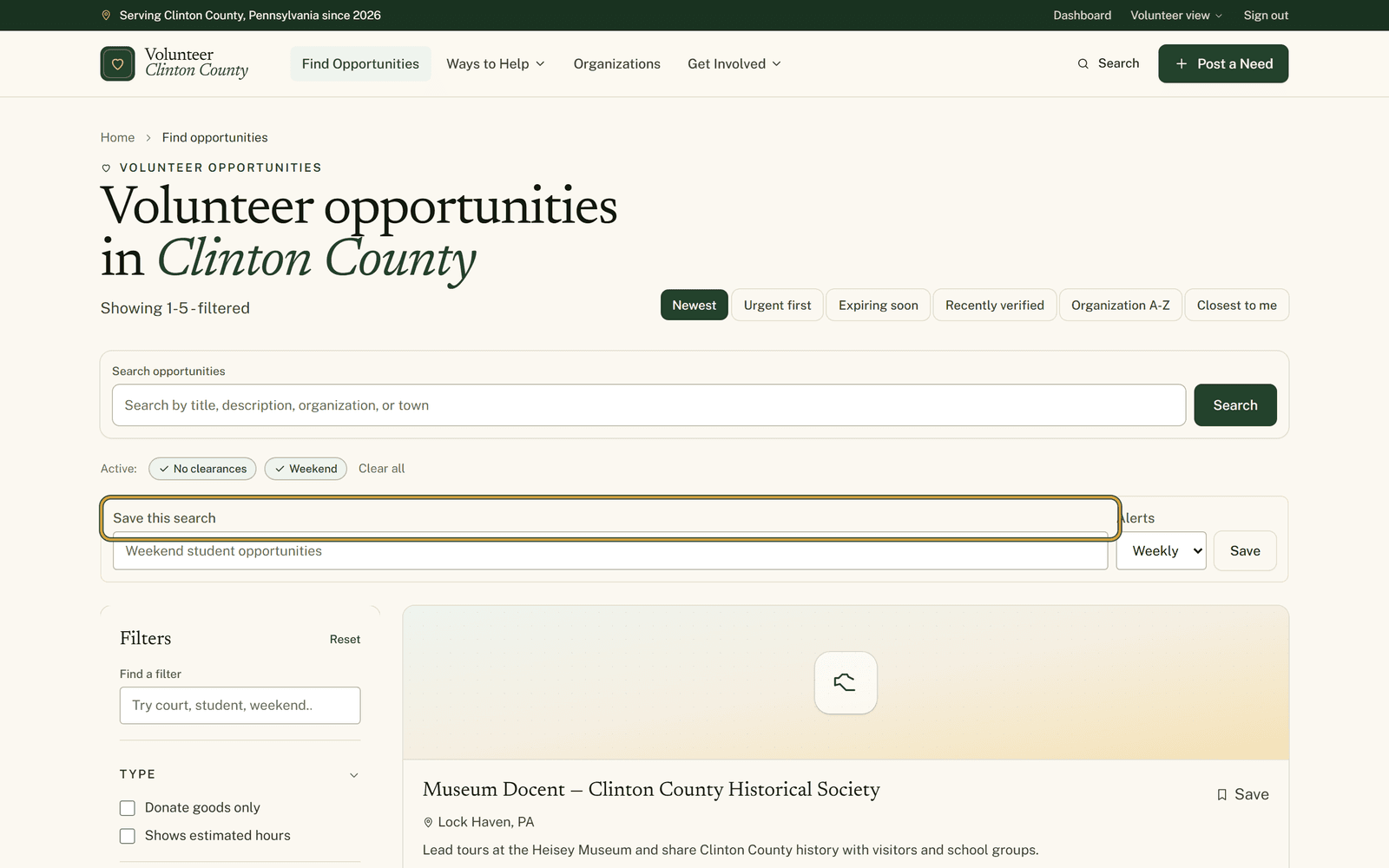 The opportunities page with Active badges for two filters above a Save this search box, a name typed in it and the Alerts menu set to Weekly.