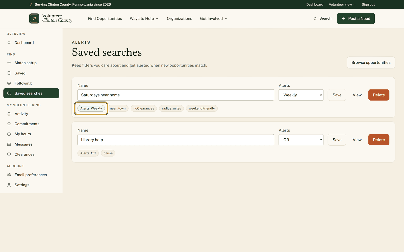 The Saved searches page showing a card named Saturdays near home with the Alerts menu highlighted, Save, View and Delete buttons, and filter badges beneath.