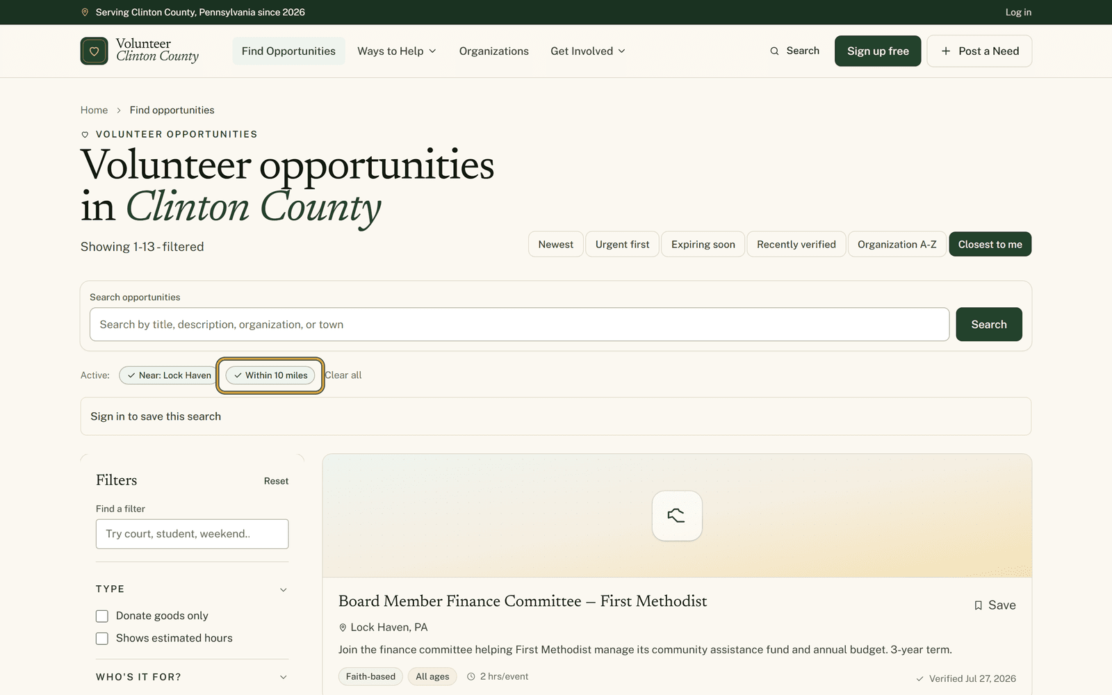 The top of the opportunities page with green Active badges reading Near: Lock Haven and Within 10 miles above the nearest-first listings.