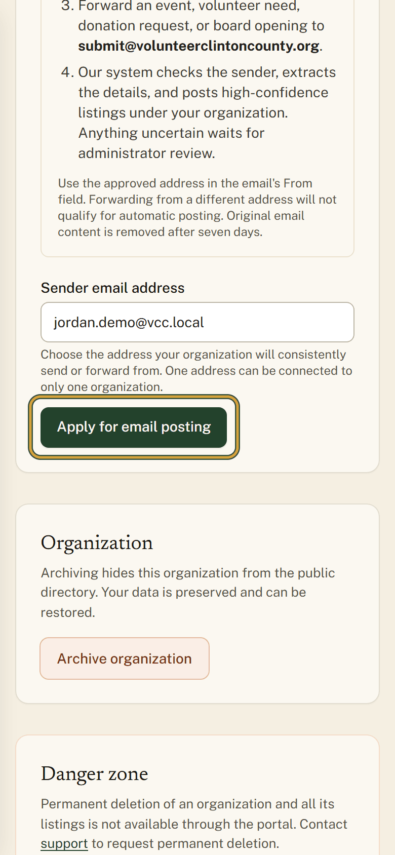 The Post by email form on a phone, with the Apply for email posting button highlighted directly under the Sender email address box.