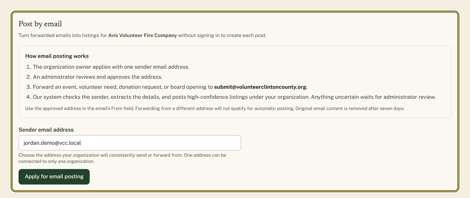 The organization settings page with the Post by email card outlined, showing the numbered how-it-works list and the Sender email address field.