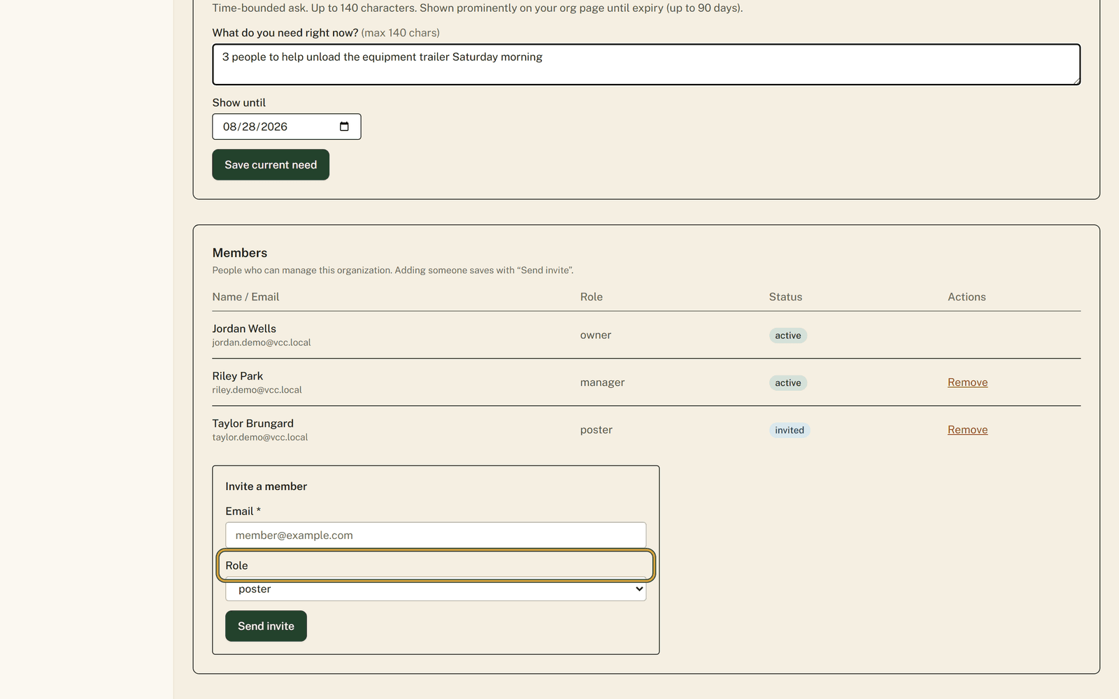 The Invite a member box with an email field and the open Role dropdown listing owner, manager, poster and viewer above the Send invite button.