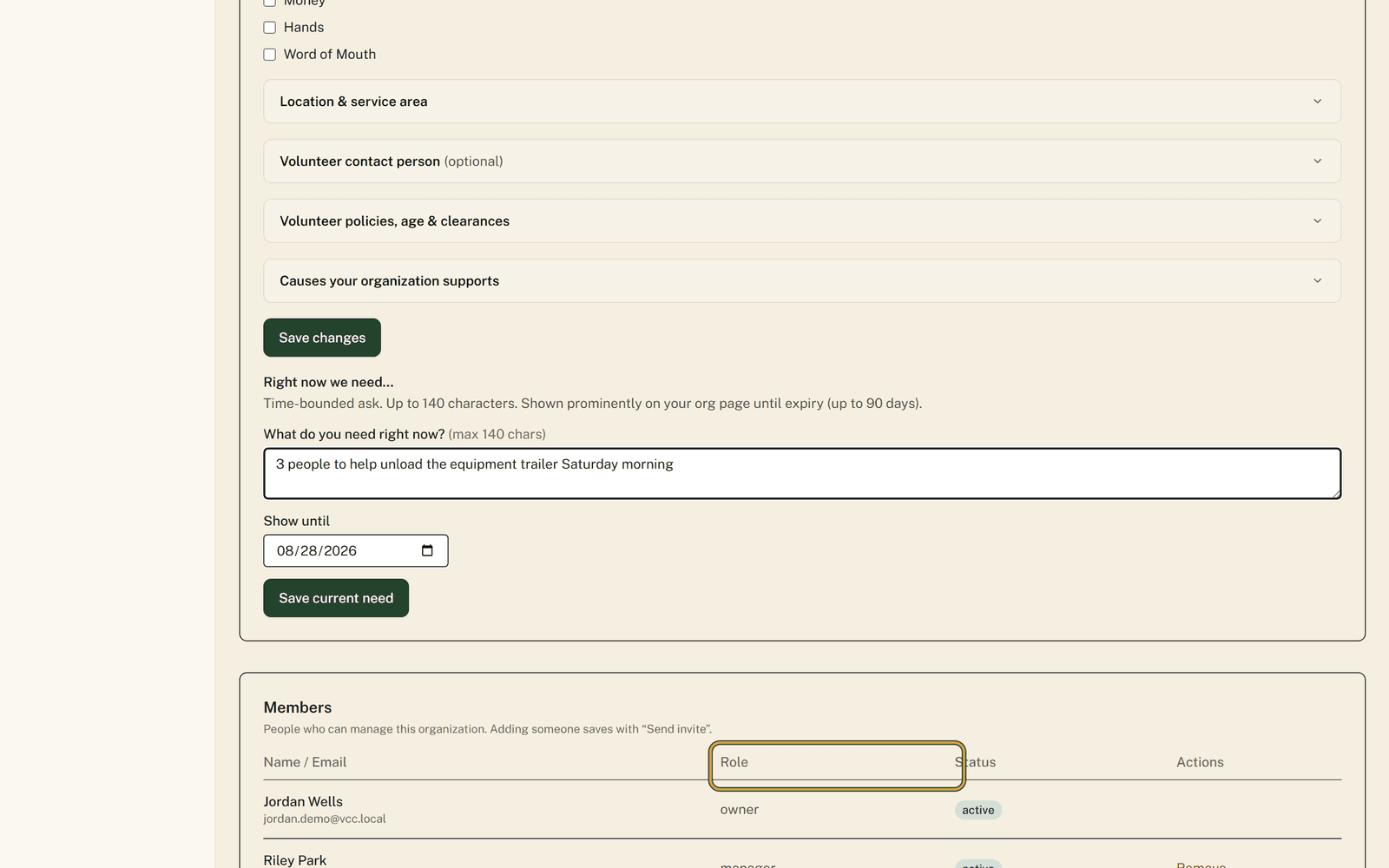 The Members table on the Organization Profile page listing each person by name and email, with the Role column ringed beside Status and Actions.