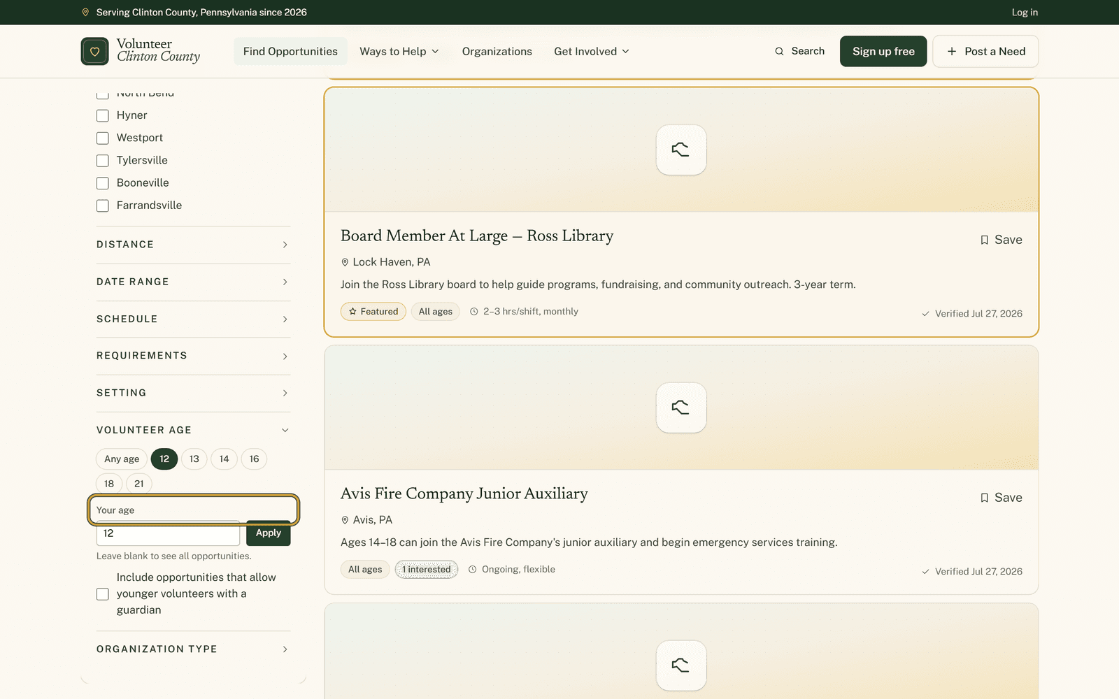 The opportunities filter panel with the Volunteer age section highlighted, showing age chips and a Your age box containing 12, beside matching listings.